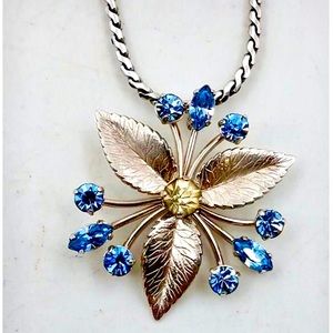 KREMENTZ Vintage Floral Necklace Silver Tone Setting Blue Rhinestones